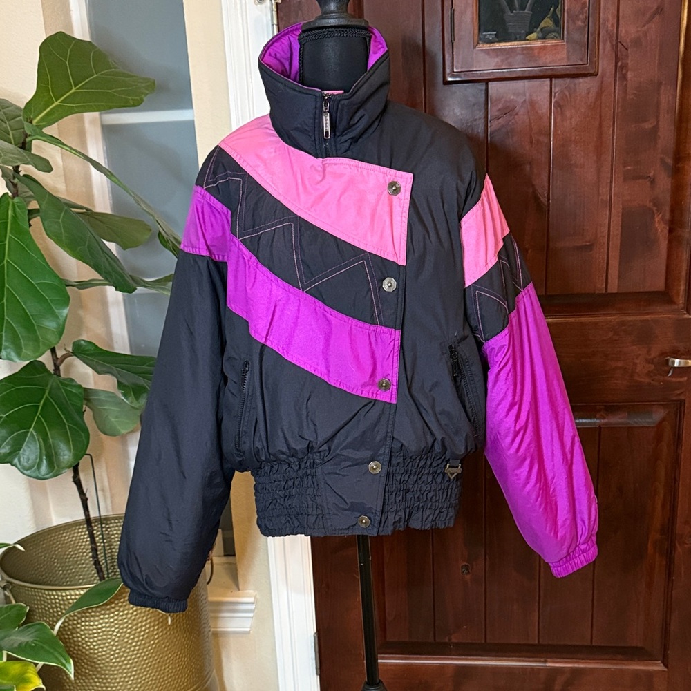 FERA Vintage Neon Colorblock Geometric Puffer Ski Coat Insulated Ladies Sz 14